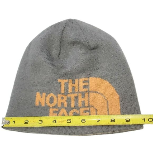 The North Face Beanie Hat Wool Blend Orange Grey Knit Logo Spell Out Winter Cap - Picture 8 of 9
